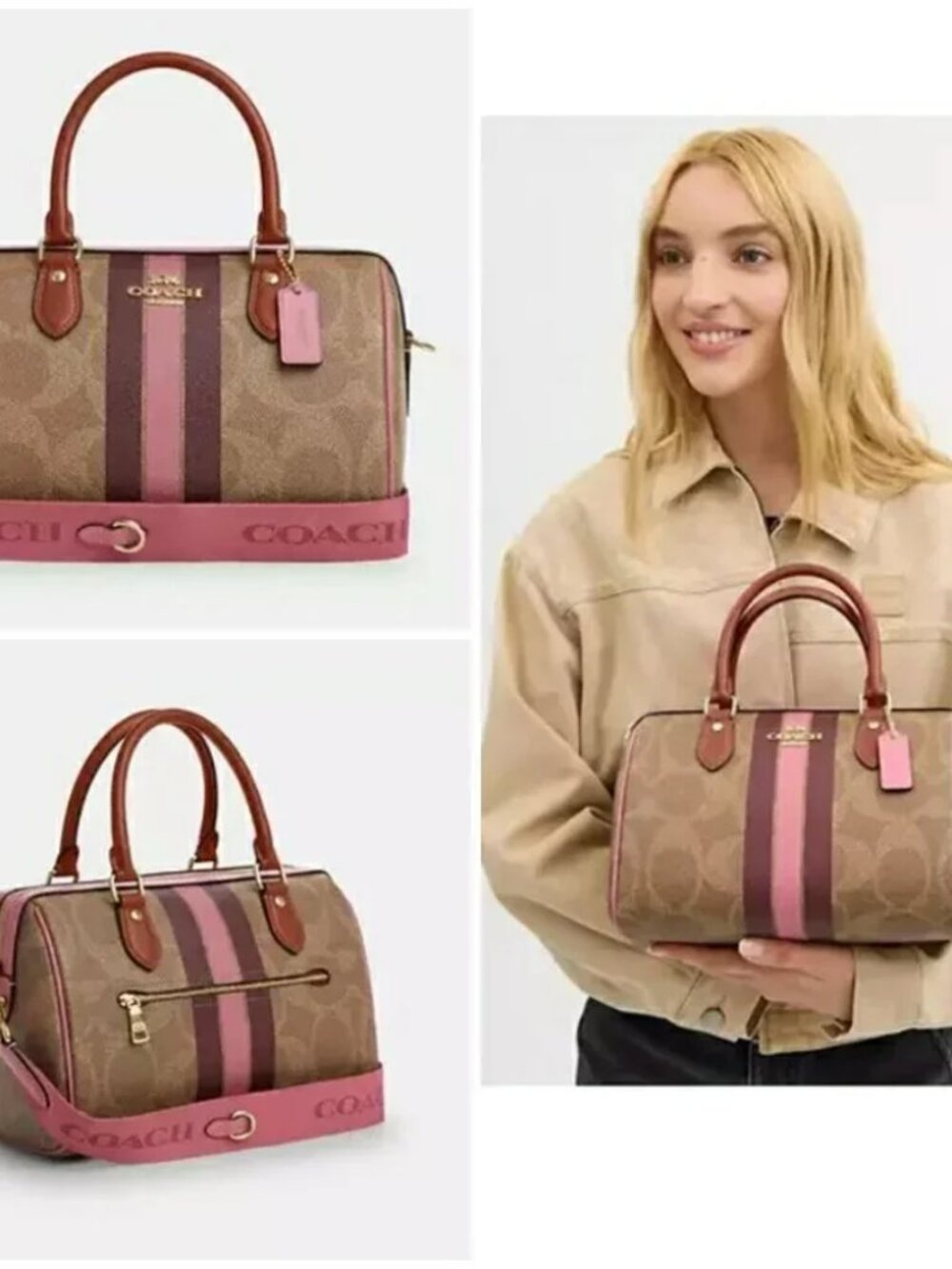 NWT Authentic Coach Rowan Brown Signature Satchel with Pink & Wine Stripe Accent - Picture 12 of 12